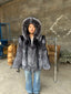 Women's silver fox fur hooded jacket, 65 cm, front view