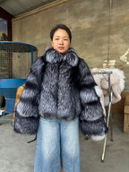 Women's Silver-Grey Fur Jacket with Flared Sleeves – 55 cm