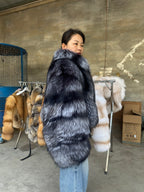 Women's Silver-Grey Fur Jacket with Flared Sleeves – 55 cm