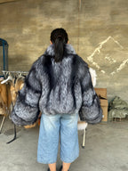 Women's Silver-Grey Fur Jacket with Flared Sleeves – 55 cm