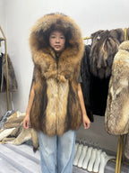 Women's Hooded Golden Brown Raccoon Dog Fur Vest - product view 1