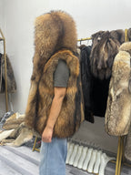 Women's Hooded Golden Brown Raccoon Dog Fur Vest - product view 2