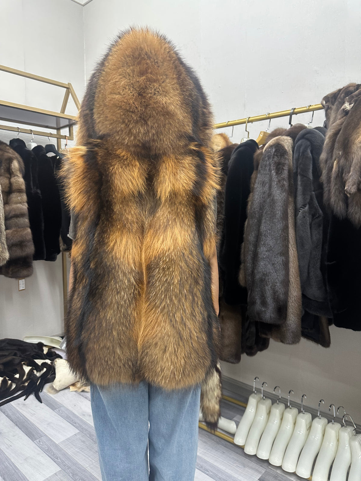 Women's Hooded Golden Brown Raccoon Dog Fur Vest - product view 3