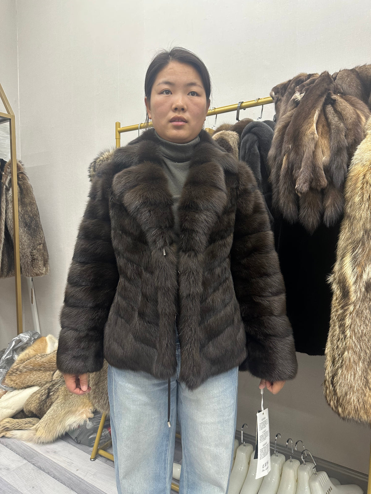 Women's Dark Brown Mink Fur Panelled Jacket - product view 1