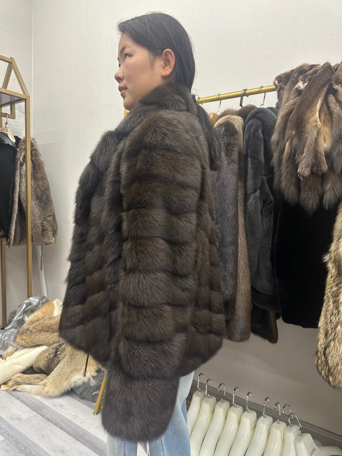 Women's Dark Brown Mink Fur Panelled Jacket - product view 2