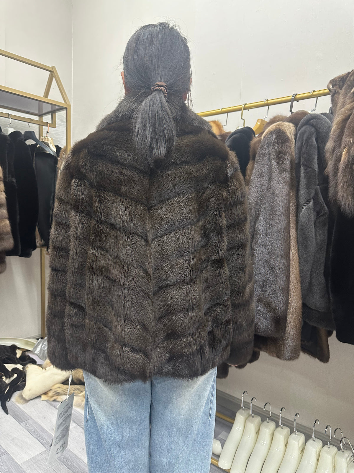 Women's Dark Brown Mink Fur Panelled Jacket - product view 3