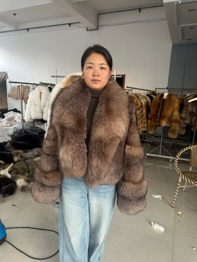 Women's Brown Fox Fur Jacket with Full Collar - product view 1 Hover Image