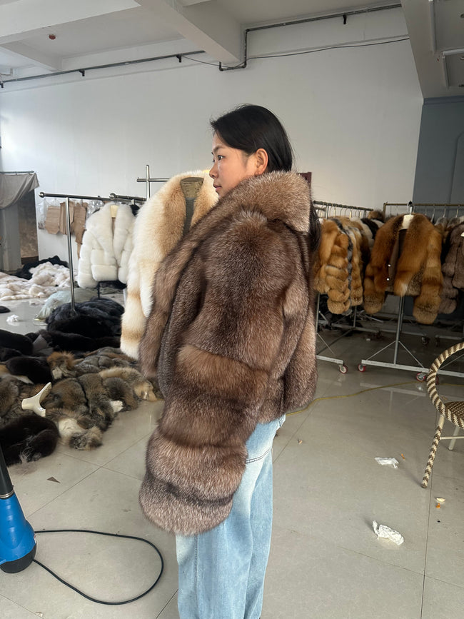 Women's Brown Fox Fur Jacket with Full Collar Main Image