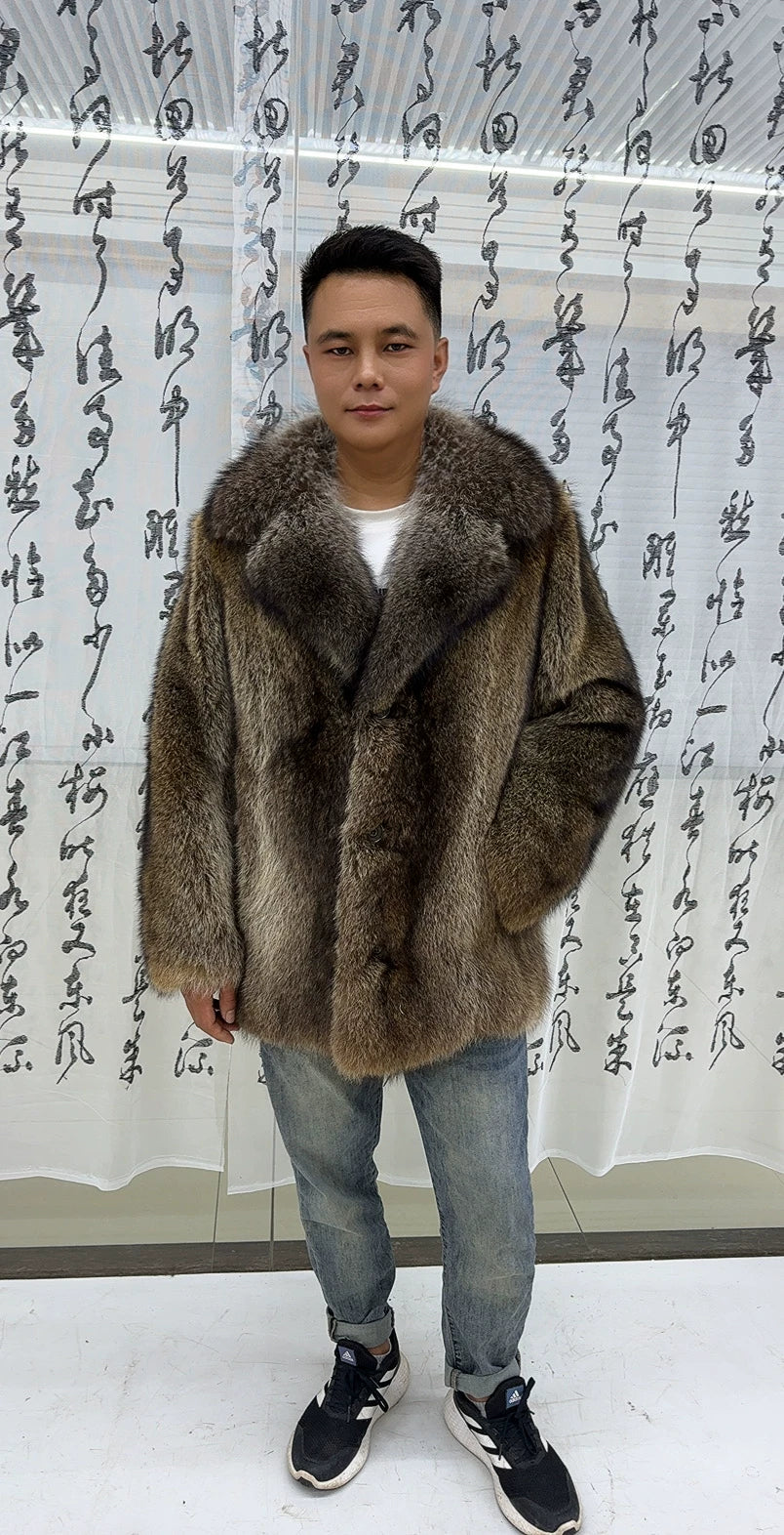Men's Brown Raccoon Fur Coat with Wide Collar - product view 1