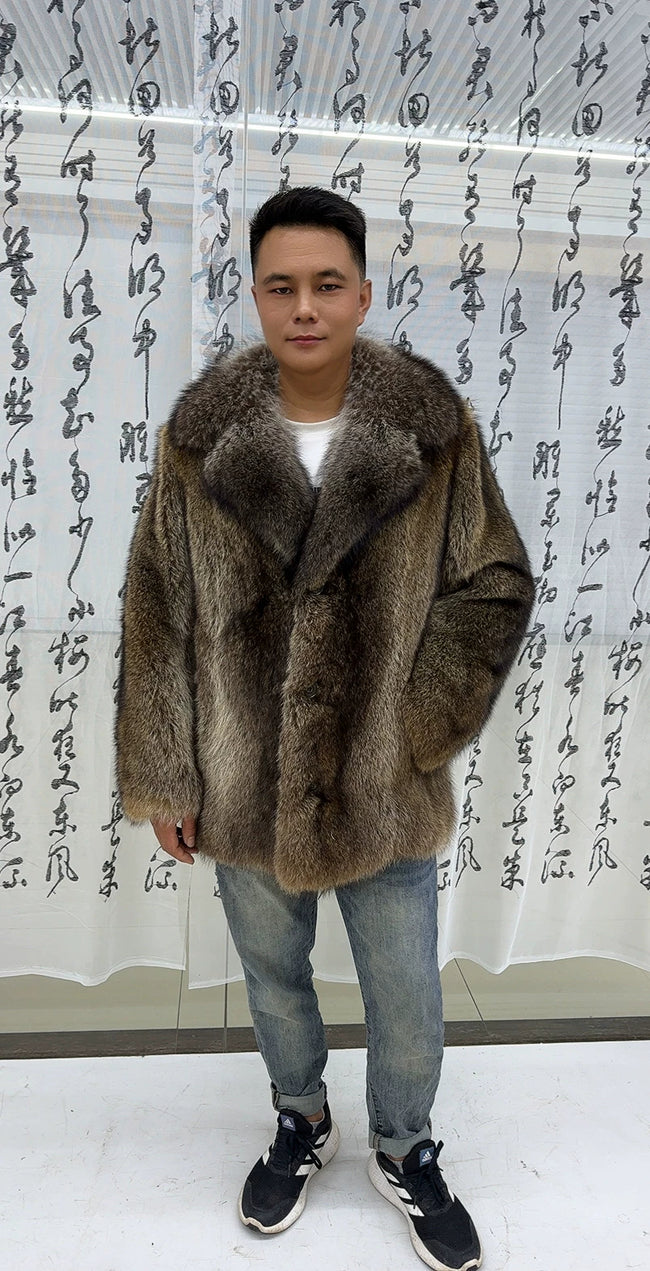Men's Brown Raccoon Fur Coat with Wide Collar - product view 1 Hover Image