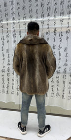 Men's Brown Raccoon Fur Coat with Wide Collar - product view 2