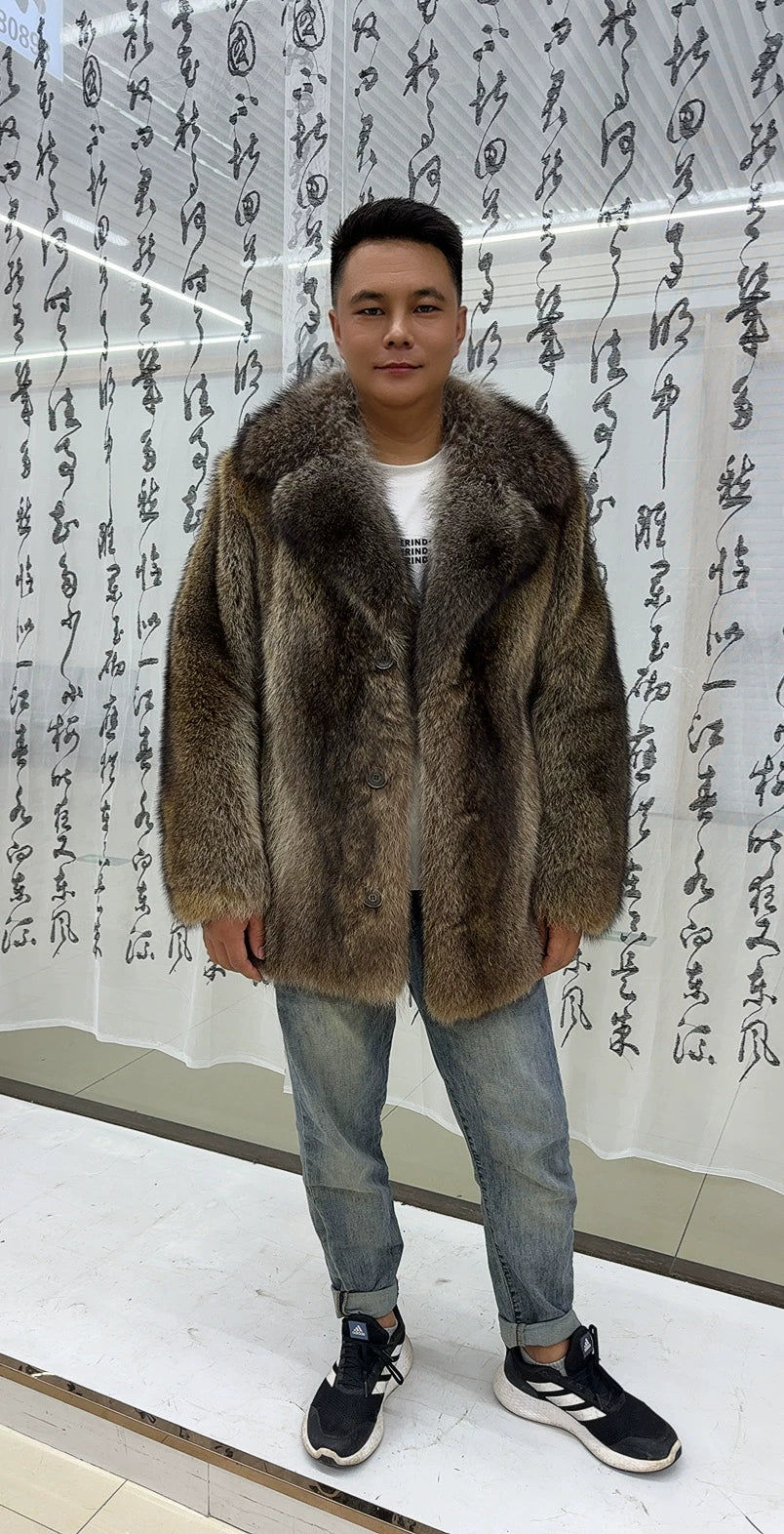 Men's Brown Raccoon Fur Coat with Wide Collar - product view 3