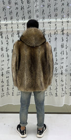 Men's Hooded Brown Raccoon Fur Coat - product view 2
