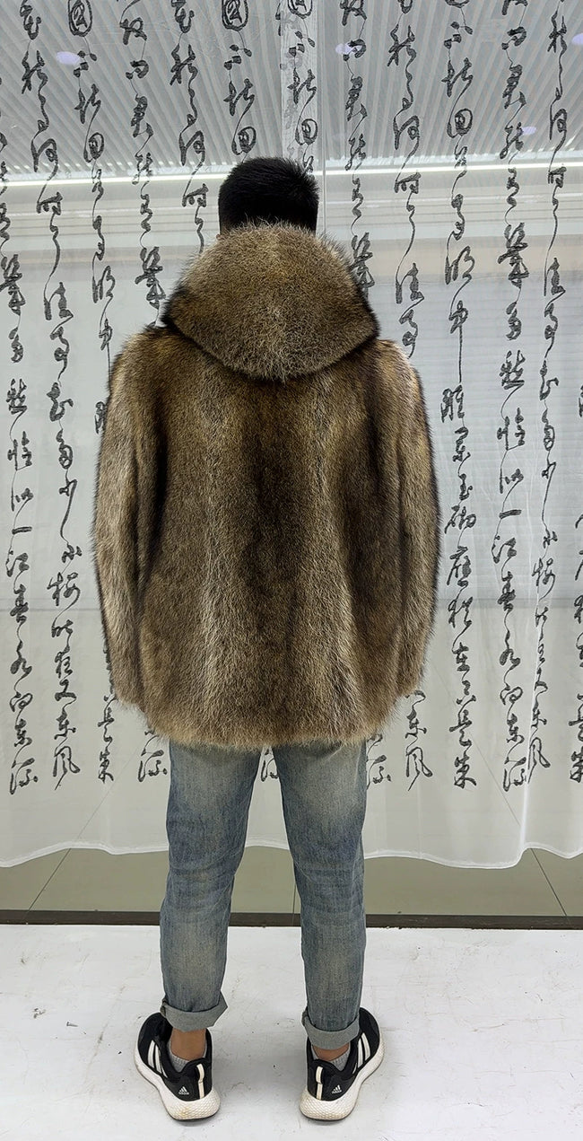 Men's Hooded Brown Raccoon Fur Coat Main Image