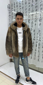 Men's Hooded Brown Raccoon Fur Coat - product view 3
