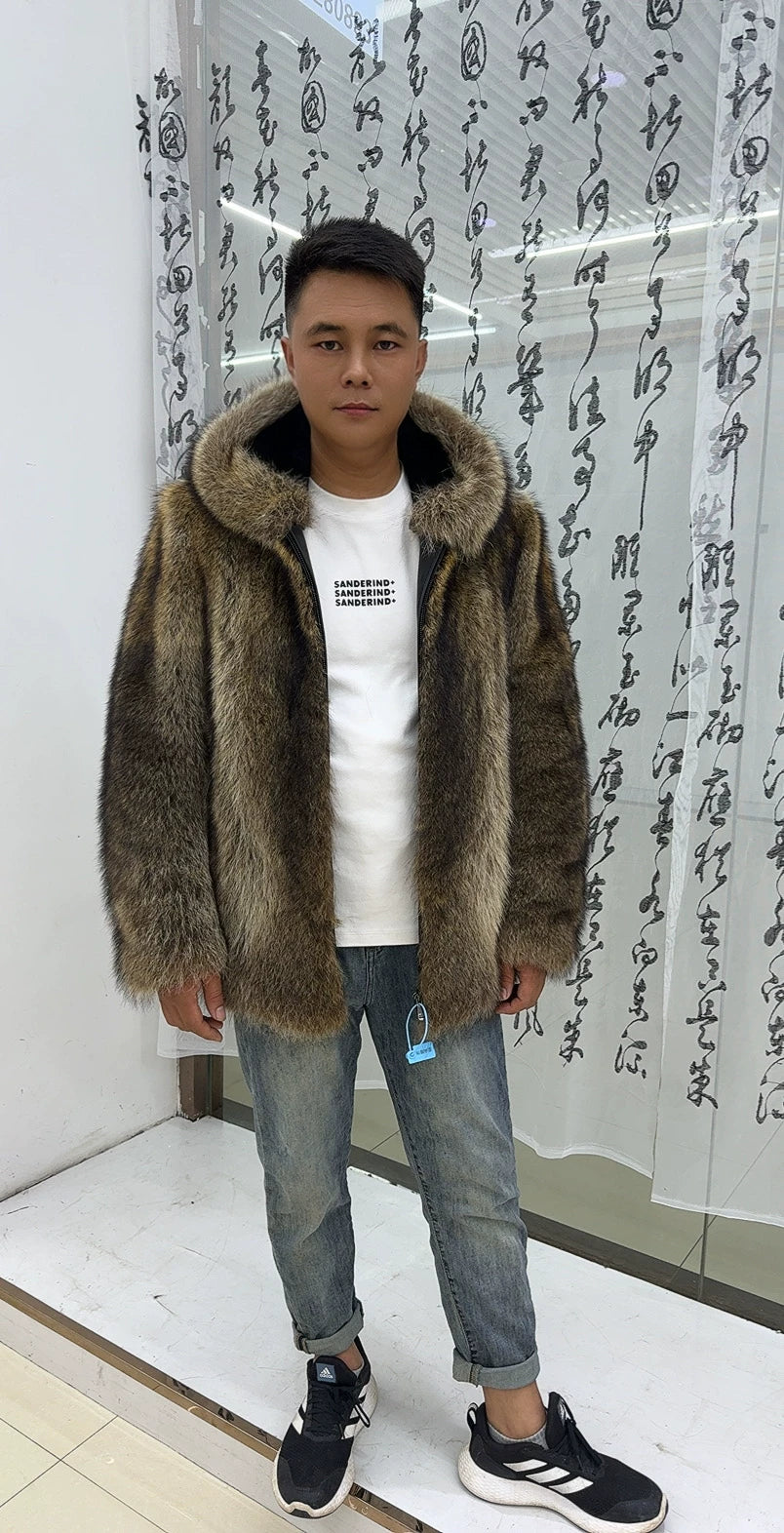 Men's Hooded Brown Raccoon Fur Coat - product view 3