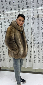 Men's Hooded Brown Raccoon Fur Coat - product view 4