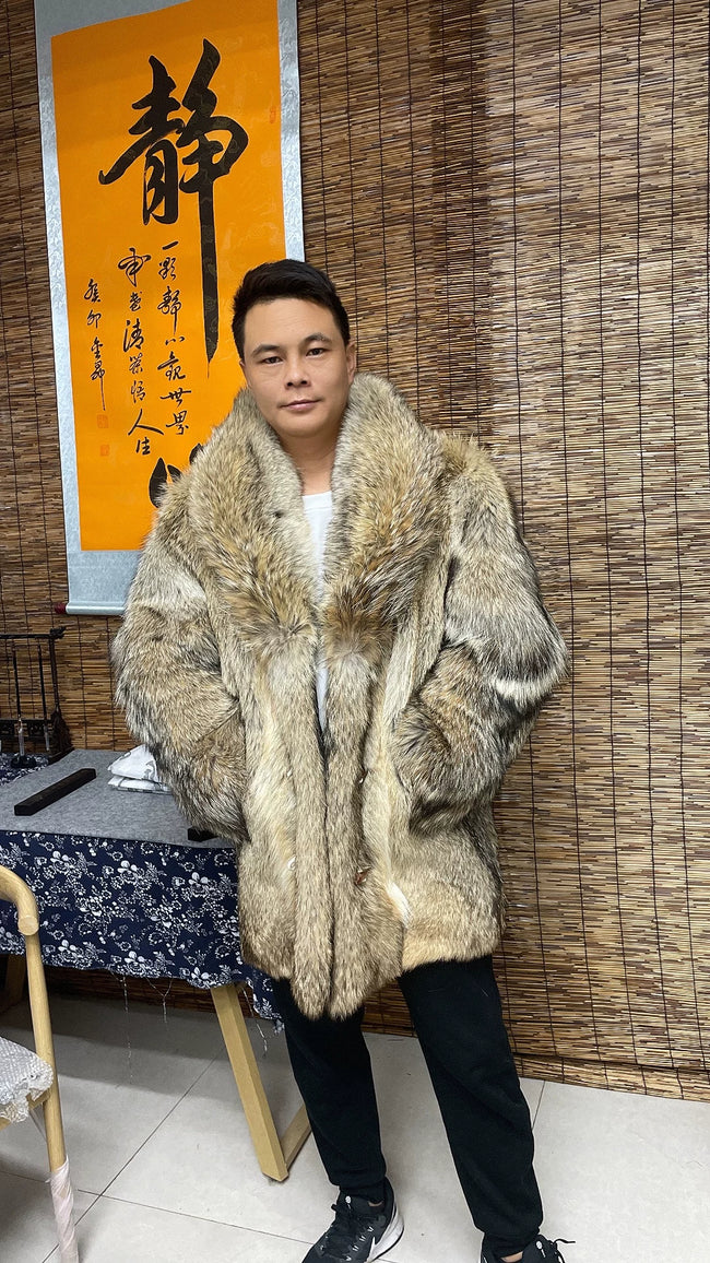 Men's Mid-Length Wolf Fur Coat with Wide Collar - product view 1 Hover Image