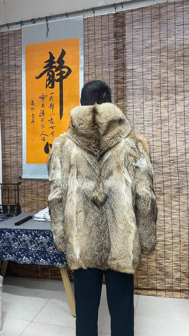 Men's Hooded Wolf Fur Coat in Grey and Beige Main Image