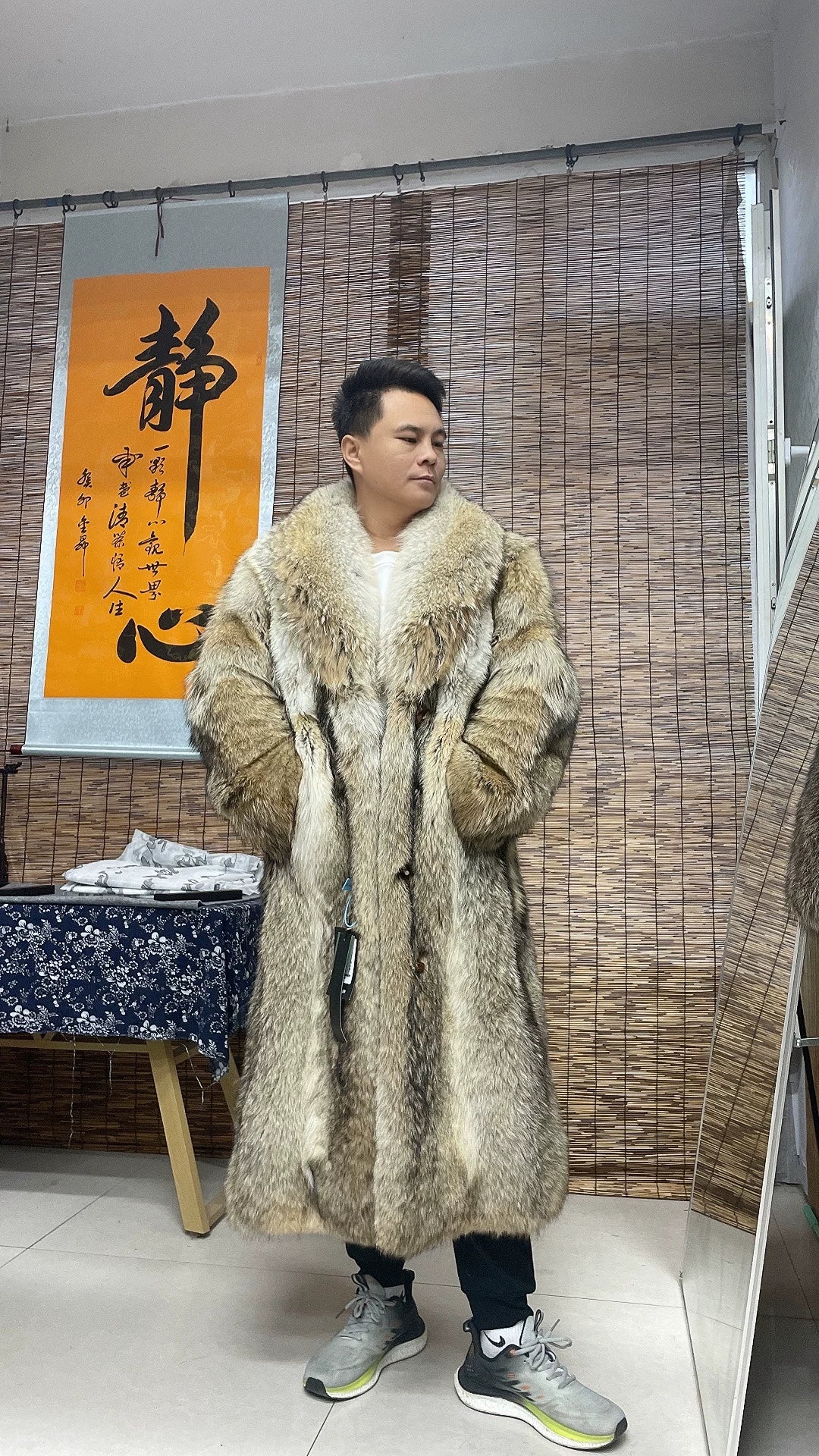 Men's Long Wolf Fur Coat in Grey and Beige - product view 1