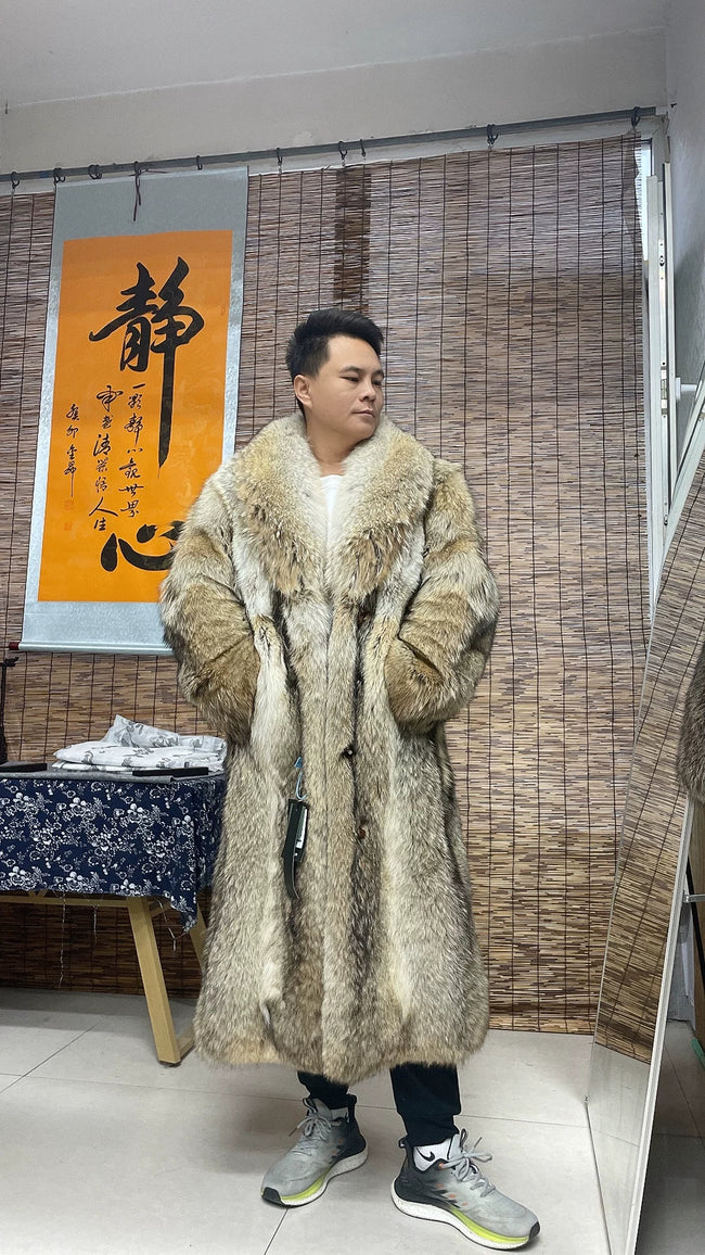 Men's Long Wolf Fur Coat in Grey and Beige - product view 1 Hover Image