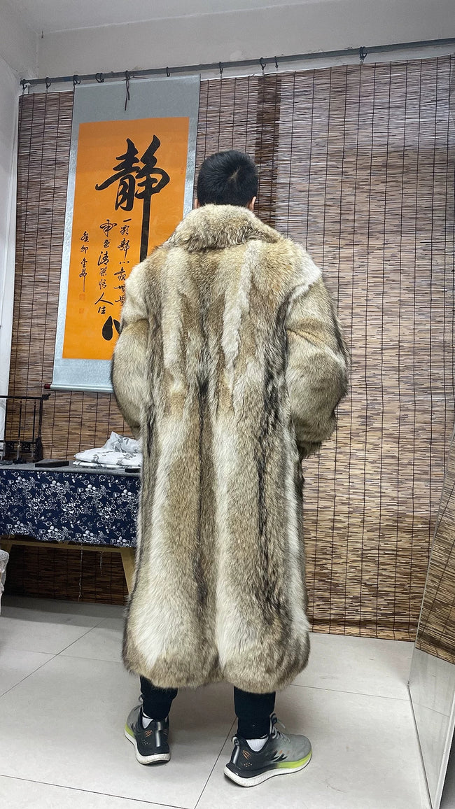 Men's Long Wolf Fur Coat in Grey and Beige Main Image
