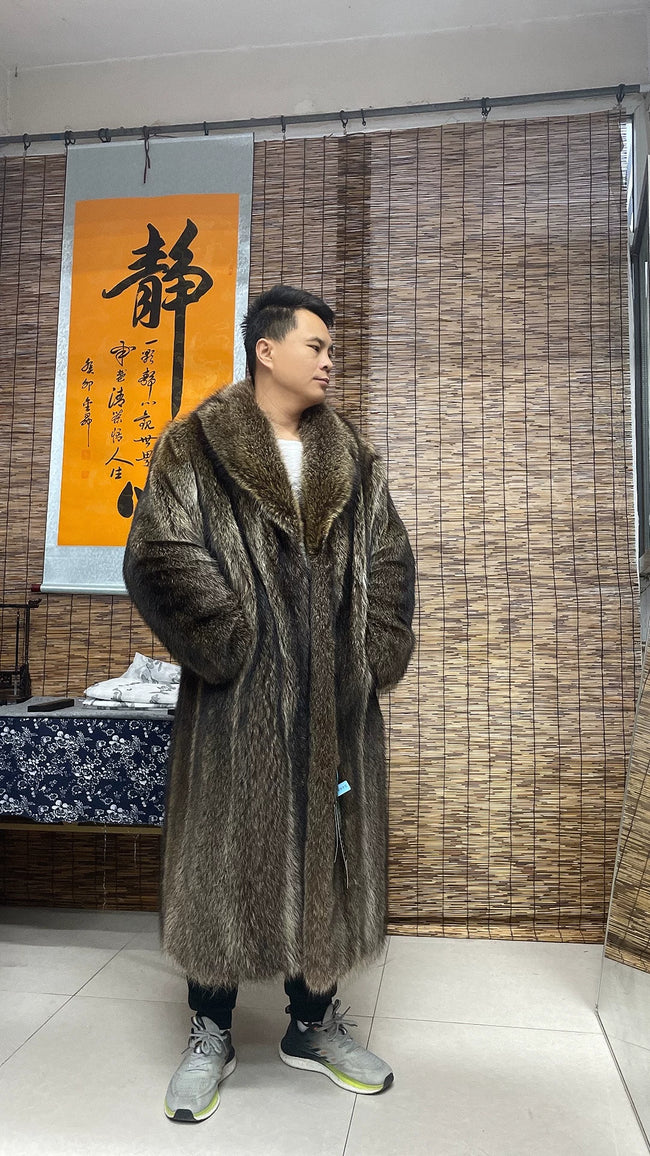Men's Long Brown Raccoon Fur Coat - product view 1 Hover Image