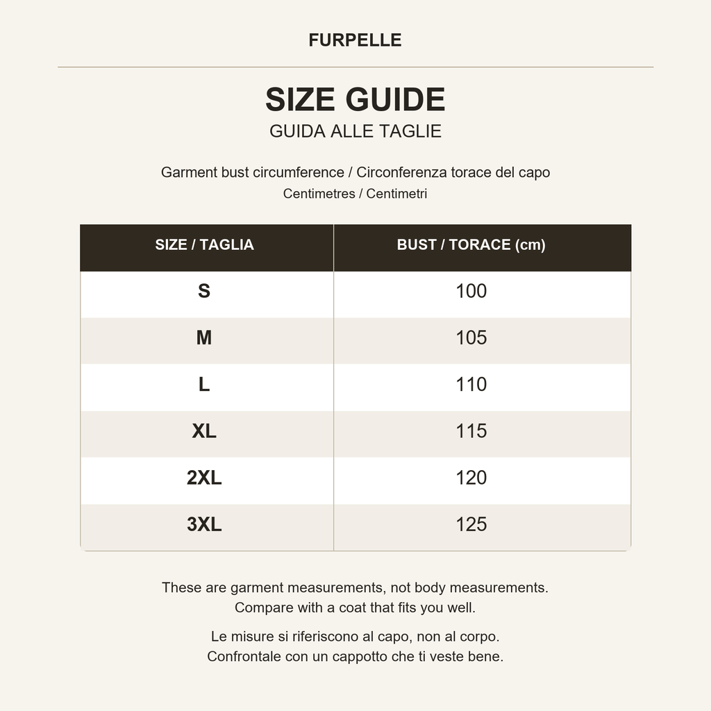 Size guide: S 100 cm, M 105 cm, L 110 cm, XL 115 cm, 2XL 120 cm, 3XL 125 cm. Garment chest circumference.