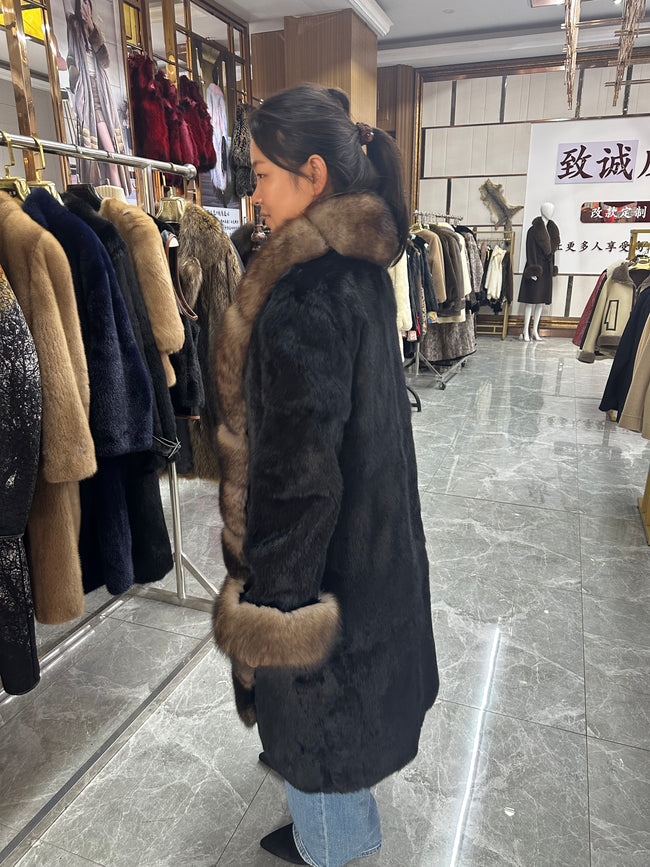 Women's Black Rabbit and Fox Fur Coat Main Image