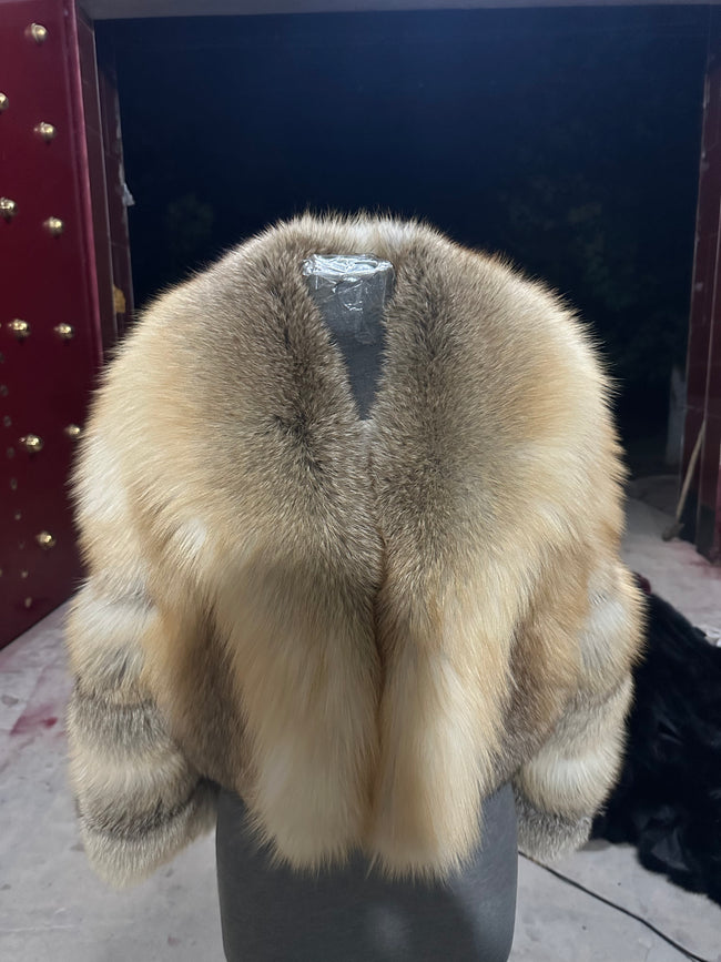 Women's Golden Island Fox Fur Cropped Jacket - front view Hover Image