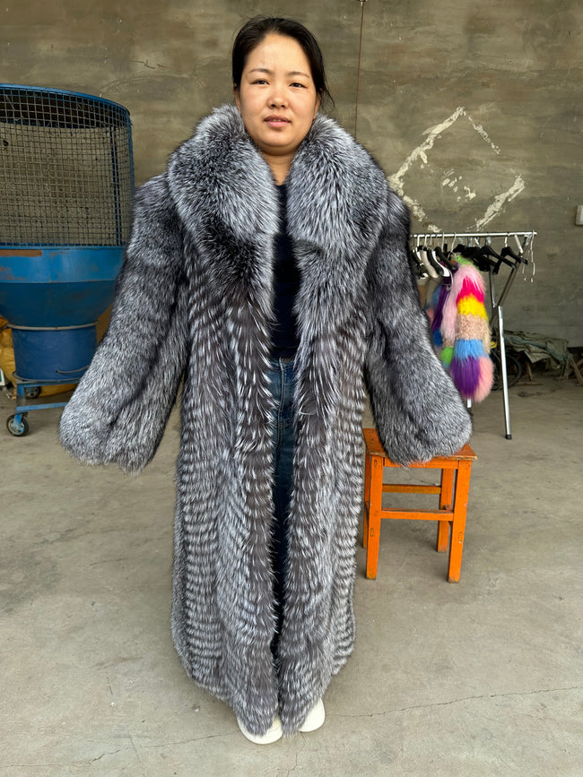 Women's Full-Length Silver Fox Fur Coat - front view Hover Image