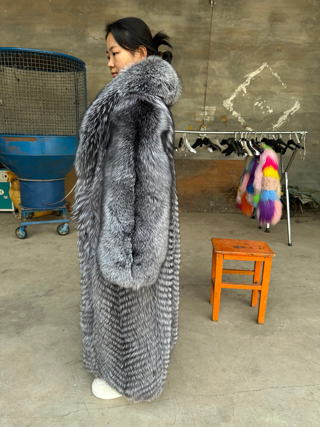 Women's Full-Length Silver Fox Fur Coat - side view