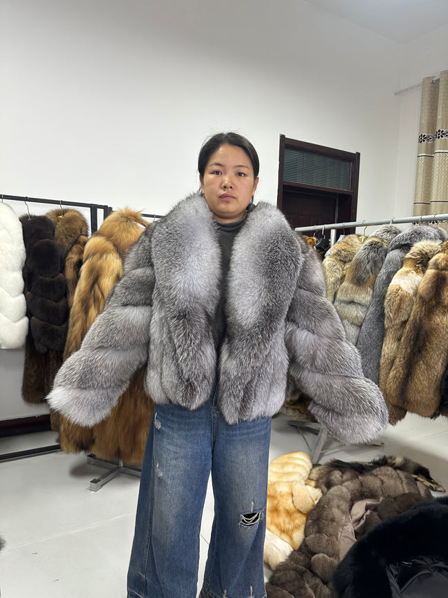 Women's Silver Fox Fur Cropped Jacket - front view Hover Image