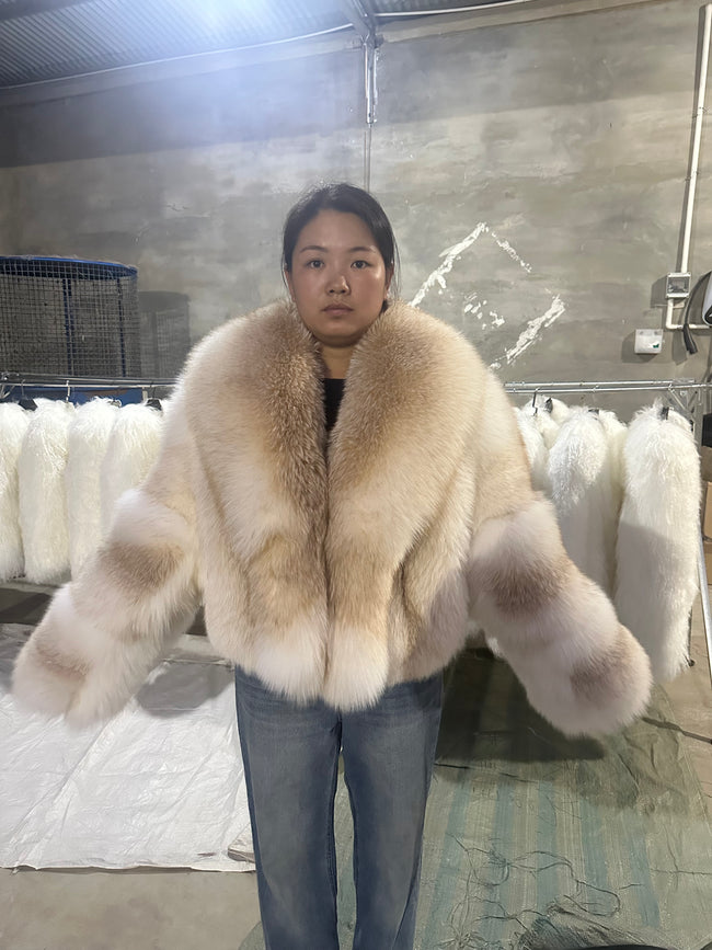 Women's Cream Cross Fox Fur Shawl-Collar Jacket - 50 cm - product view 1 Hover Image