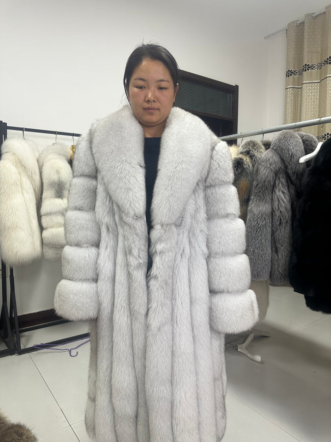 Women's Light Grey Fox Fur Long Coat - 100 cm - product view 1 Hover Image