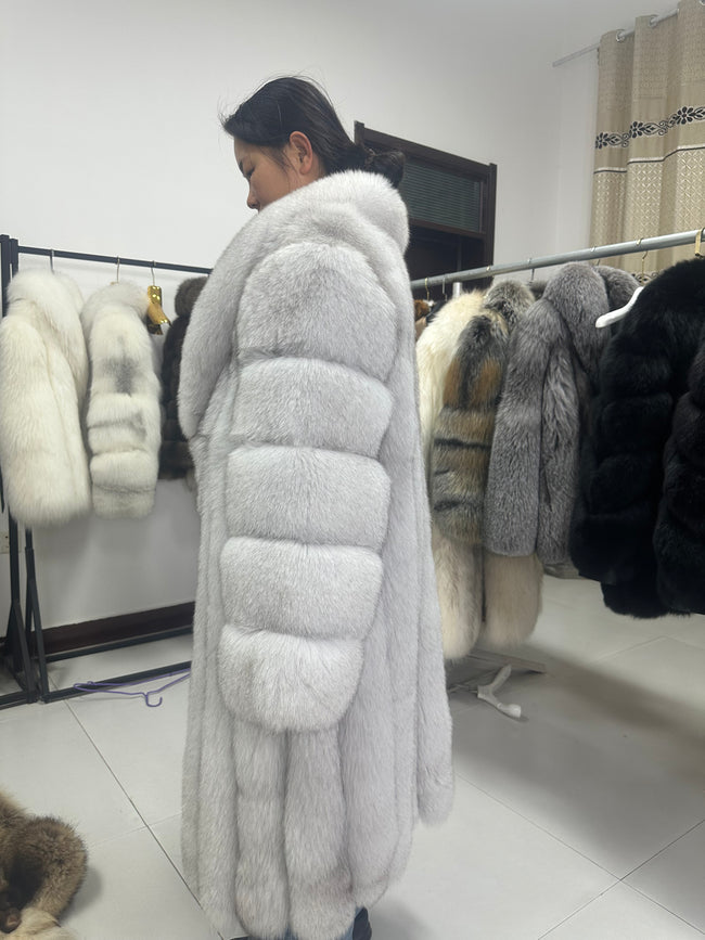 Women's Light Grey Fox Fur Long Coat - 100 cm Main Image