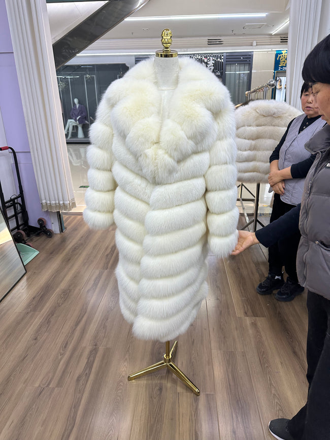 Women's White Fox Fur Long Coat - 110 cm - product view 1 Hover Image