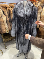 Women's Silver Fox Fur Long Coat - 110 cm - Silver Black