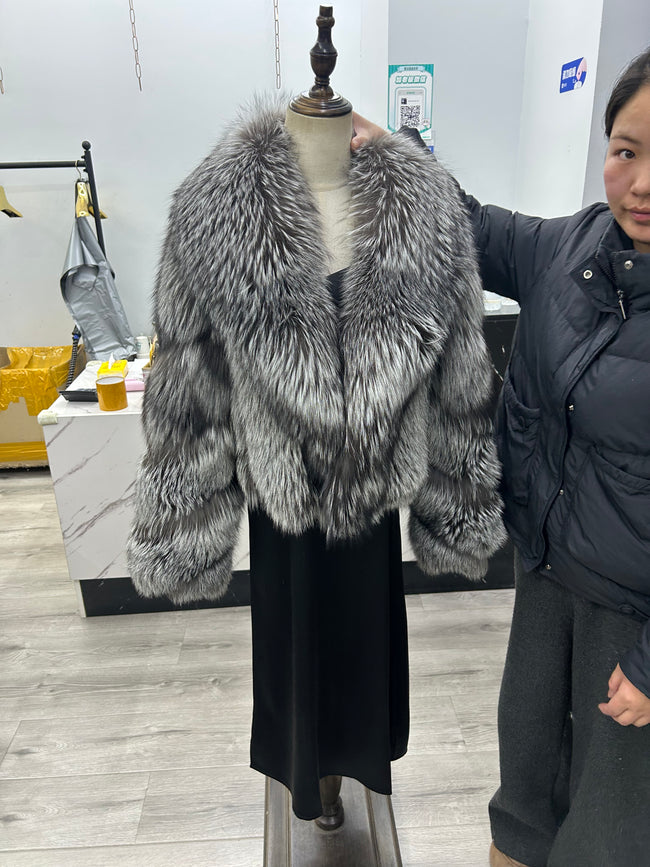 Women's Silver Fox Fur Cropped Shawl-Collar Jacket - 50 cm - product view 1 Hover Image