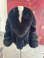 Women's Black Raccoon Dog Fur Shawl-Collar Jacket - 60 cm - product view 1