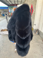 Women's Black Raccoon Dog Fur Shawl-Collar Jacket - 60 cm - product view 2