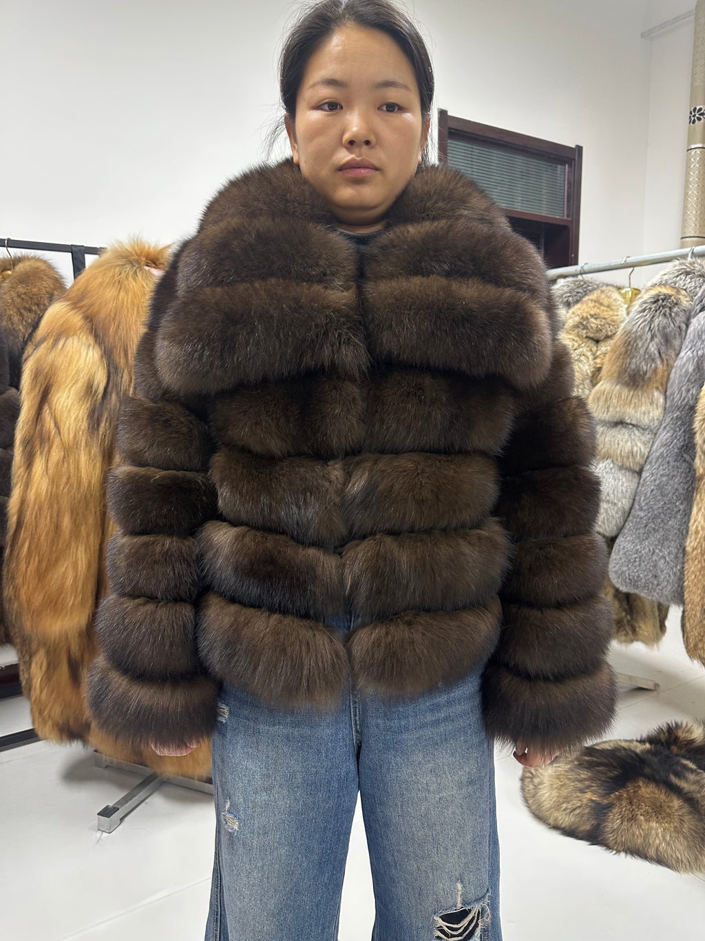 Women's Chocolate Blue Fox Fur Horizontal-Panel Jacket - 60 cm - product view 1