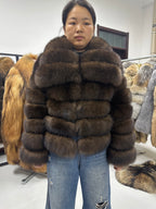 Women's Chocolate Blue Fox Fur Horizontal-Panel Jacket - 60 cm - product view 1