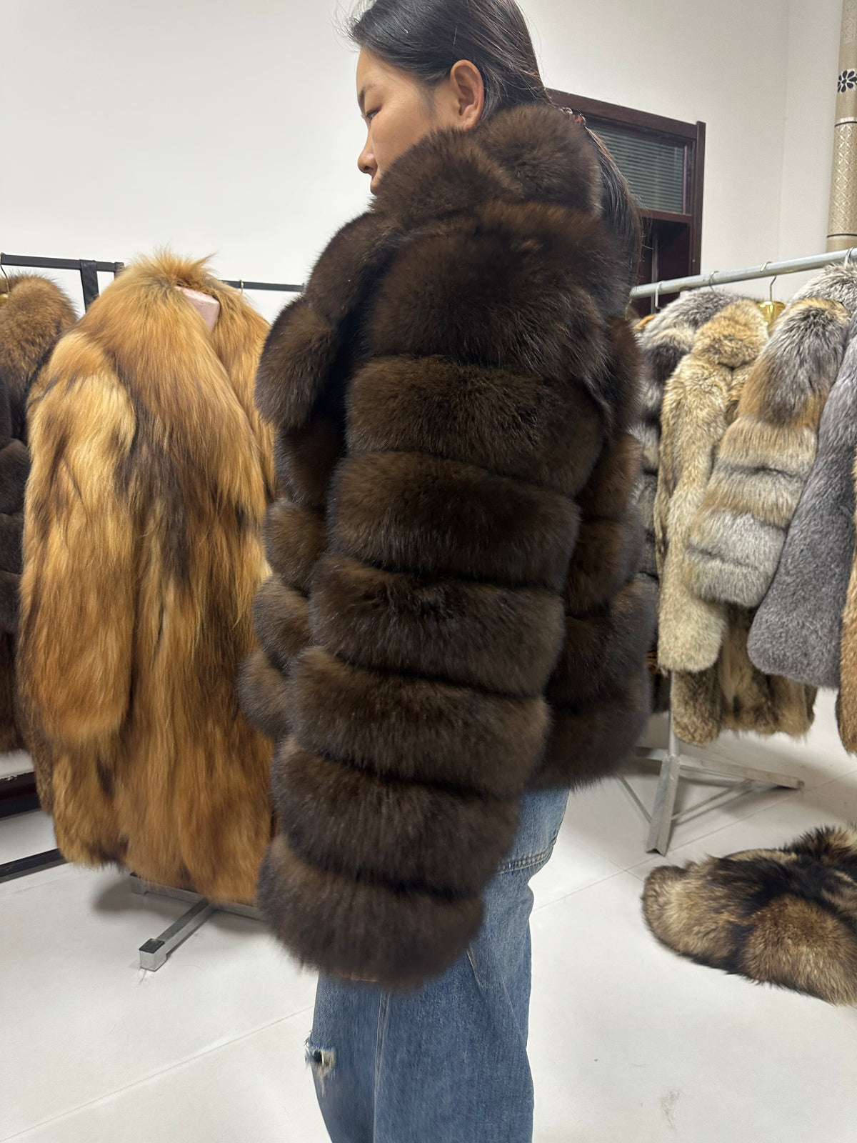 Women's Chocolate Blue Fox Fur Horizontal-Panel Jacket - 60 cm - product view 2