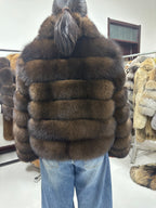 Women's Chocolate Blue Fox Fur Horizontal-Panel Jacket - 60 cm - product view 3