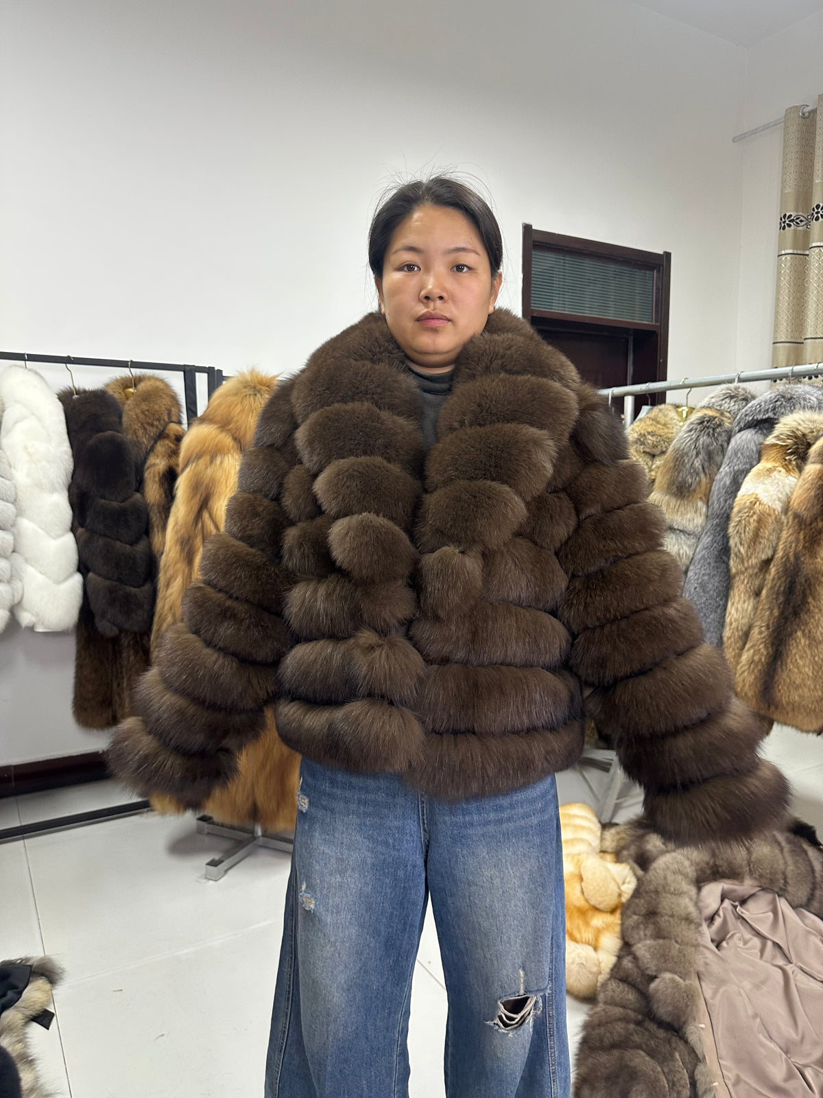 Women's Chocolate Blue Fox Fur Sculpted-Collar Jacket - 60 cm - product view 1