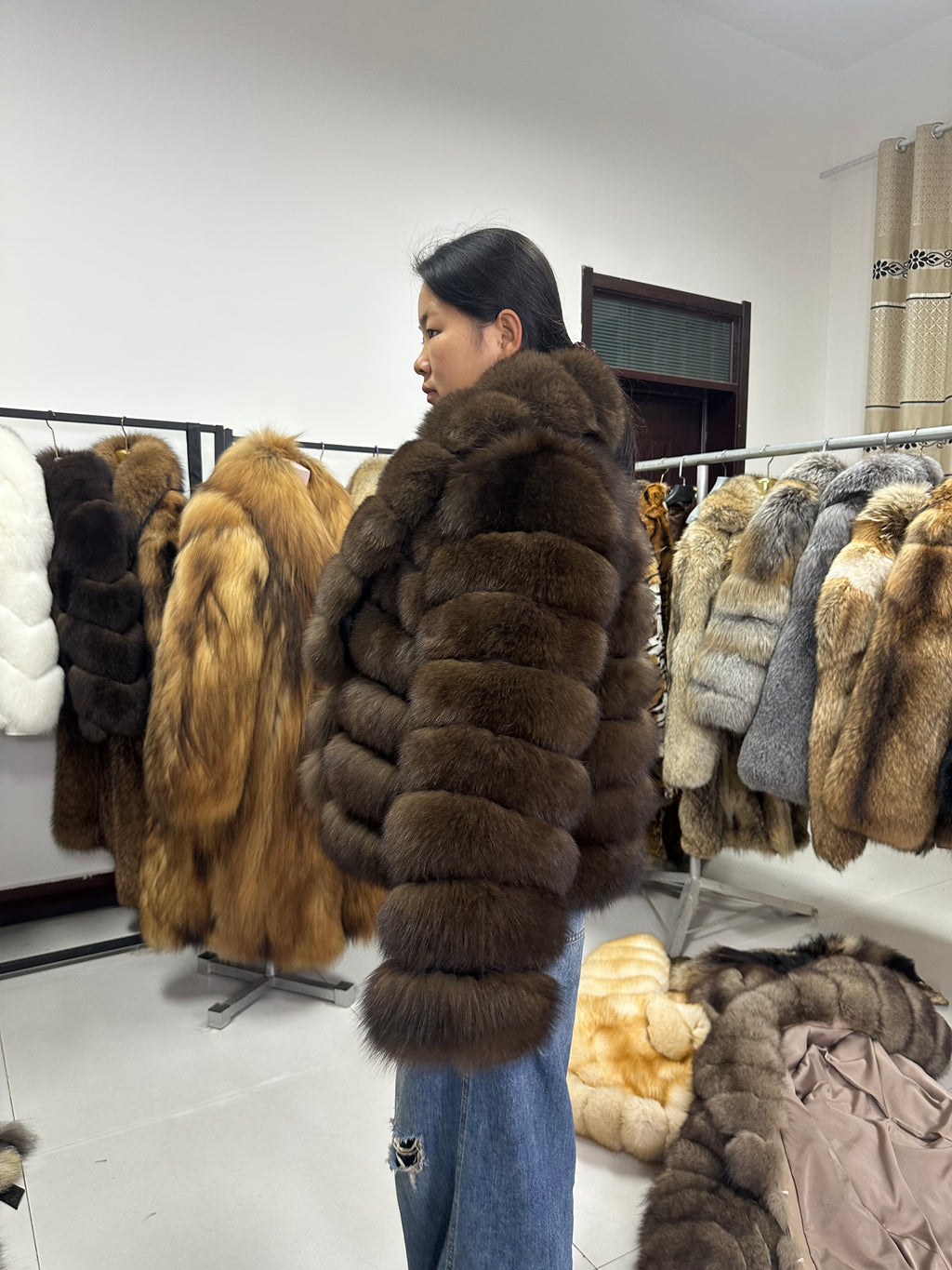 Women's Chocolate Blue Fox Fur Sculpted-Collar Jacket - 60 cm - product view 2