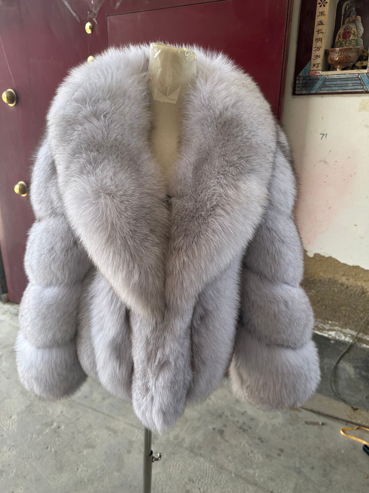 Women's Pale Grey Fox Fur Shawl-Collar Jacket - 60 cm - product view 1
