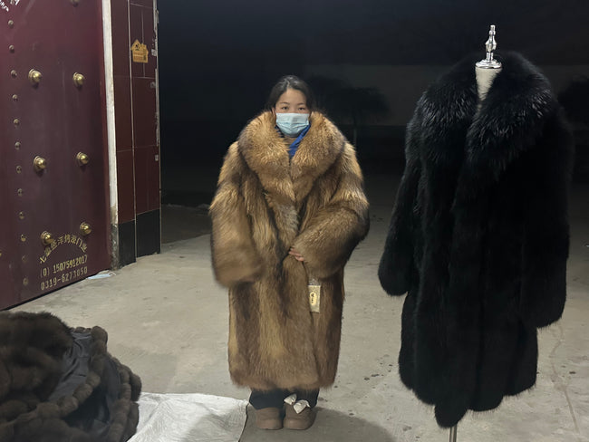 Women's Brown Raccoon Dog Fur Long Coat - 110 cm - product view 1 Hover Image