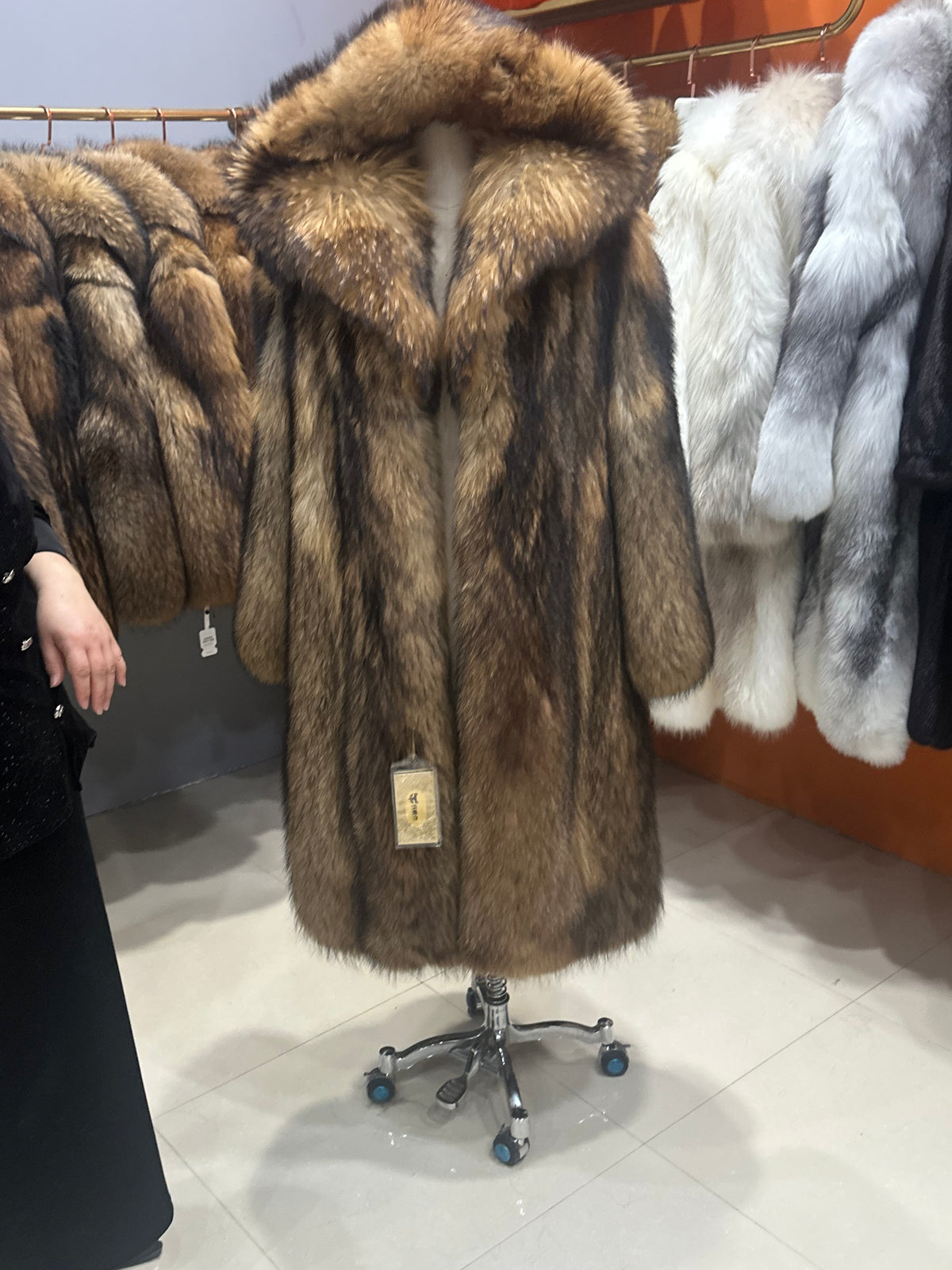 Women's Golden Brown Raccoon Dog Fur Long Coat - 110 cm - product view 1